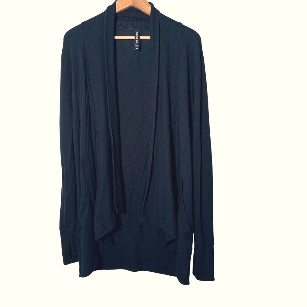 Athleta Womens Pranayama Wrap Cardigan Black XS Open Front Thumbhole Pockets